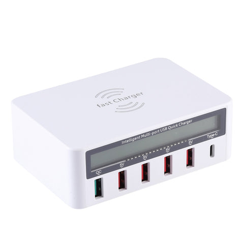 WLX-818F 6 in 1 Ricarica wireless QC3.0 da 10 W + Caricatore USB-C / Type-C + 4 porte USB con schermo LCD intelligente, presa EU/AU, EU/AU Plug (Bianco)