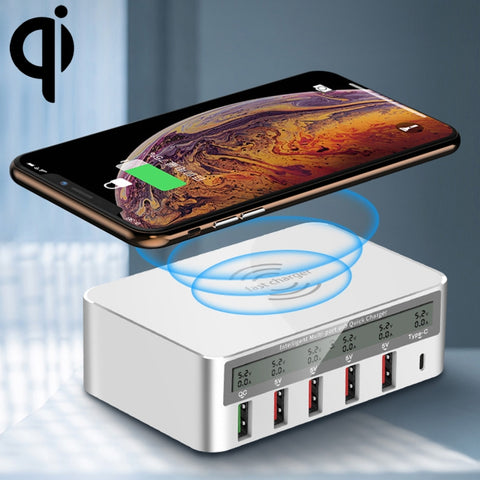 WLX-818F 6 in 1 Ricarica wireless QC3.0 da 10 W + Caricatore USB-C / Type-C + 4 porte USB con schermo LCD intelligente, presa EU/AU, EU/AU Plug (Bianco)