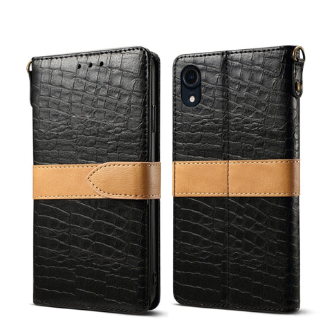 Per iPhone XR Custodia in pelle con chiusura orizzontale in PU con texture coccodrillo colore giunzione con portafoglio, supporto, slot per carte e cordino, Per iPhone XR