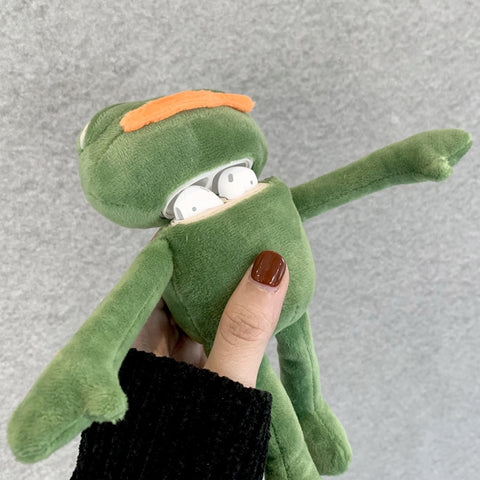 Per AirPods 1/2 Custodia protettiva per auricolari in peluche a forma di rana triste con gancio