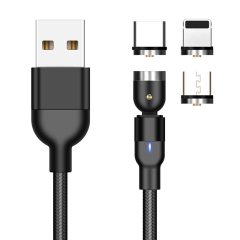 Uscita 2 m 2 A 3 in 1 USB a 8 pin + USB-C / Type-C + cavo di ricarica magnetico rotante intrecciato in nylon micro USB, 2m 3 in 1, 2m 3 in 1