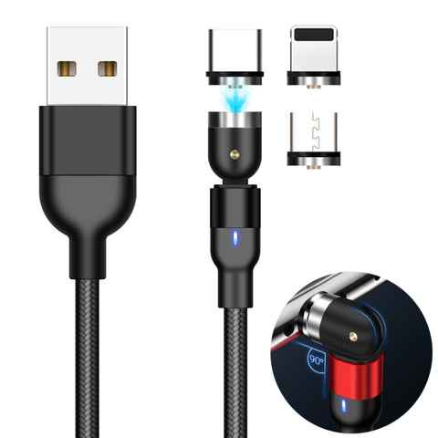 Uscita 1 m 2 A 3 in 1 USB a 8 pin + USB-C / Type-C + cavo di ricarica magnetico rotante intrecciato in nylon micro USB, 1m 3 in 1