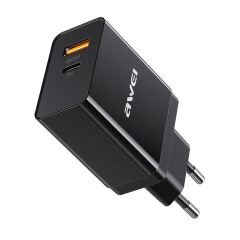 awei C-980 18W PD USB-C / Type-C + QC 3.0 Interfaccia USB Caricabatterie da viaggio a ricarica rapida, presa EU