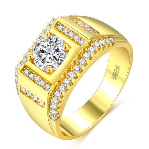 Anello con diamanti da uomo con strass intarsiato in zirconi placcato oro di nuovo stile alla moda, misura: 8, diametro: 18,1 mm, perimetro: 57 mm, Diametro: 18.1 mm