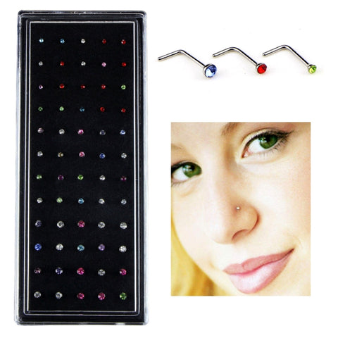 60 pezzi di colori misti a forma di diamante in acciaio inossidabile anelli per piercing al naso a forma di L, lunghezza perno: 7 mm, diametro perno: 0,6 mm (colore), Colour (60 PCS), White (60 PCS)