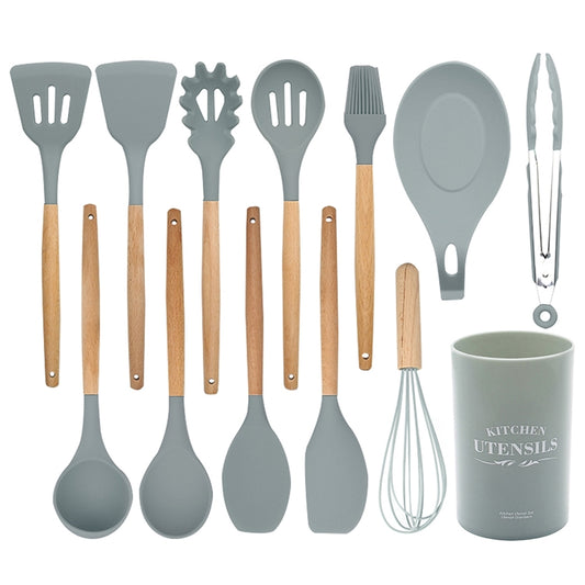 Set di posate da cucina resistenti al calore con manico in legno di silicone 13 in 1, utensili da cucina con contenitore grande, 13 in 1, with Large Container