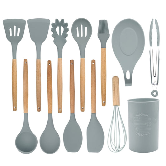 Set di posate da cucina resistenti al calore con manico in legno di silicone 13 in 1, utensili da cucina con piccolo contenitore, 13 in 1, with Small Container