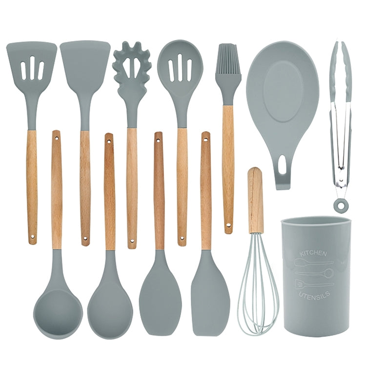 Set di posate da cucina resistenti al calore con manico in legno di silicone 13 in 1, utensili da cucina con piccolo contenitore, 13 in 1, with Small Container