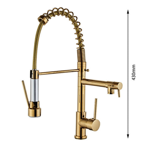 Rubinetto caldo freddo per lavello da cucina con doppia uscita a molla di tipo Pull in rame, Or