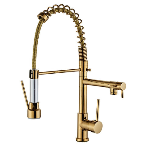 Rubinetto caldo freddo per lavello da cucina con doppia uscita a molla di tipo Pull in rame, Or