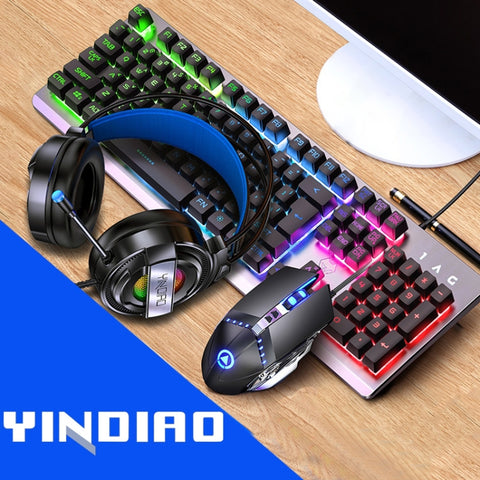 YINDIAO K002 Tastiera retroilluminata RGB con controllo del suono meccanico cablato USB + mouse ottico silenzioso + set di cuffie, Controllo del suono Retroilluminazione / Nero, Controllo del suono Retroilluminazione / Silenzioso / Nero
