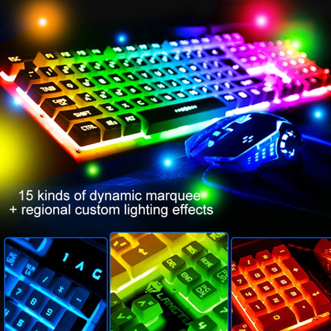 YINDIAO K002 Tastiera retroilluminata RGB con controllo del suono meccanico cablato USB + mouse ottico silenzioso + set di cuffie, Controllo del suono Retroilluminazione / Nero, Controllo del suono Retroilluminazione / Silenzioso / Nero