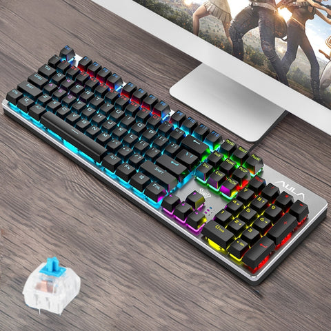 AULA S2016 Tastiera da gioco USB cablata con pannello metallico, interruttore blu meccanico, 104 tasti, luce miscelata, lunghezza: 1,6 m, Square Key (Blue Switch)