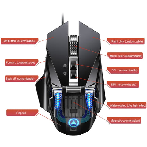 YINDIAO G10 7200 DPI 7 modalità regolabile 7 tasti RGB luce cablata metallo meccanico hard core mouse macro, stile: versione audio