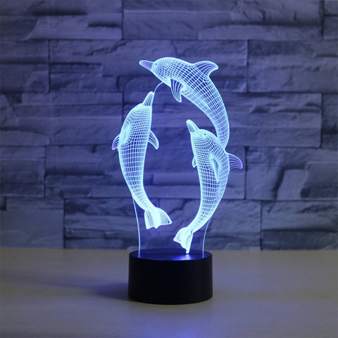 Lampada da tavolo con luce di visione a LED colorata 3D a forma di tre delfini, versione touch USB, USB Touch Version
