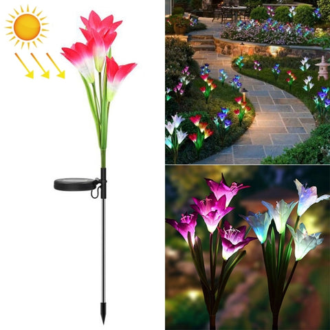 Lampada da giardino decorativa a LED impermeabile IP55 ad energia solare a 4 teste con fiore di giglio simulato, luce colorata, Colorful Light
