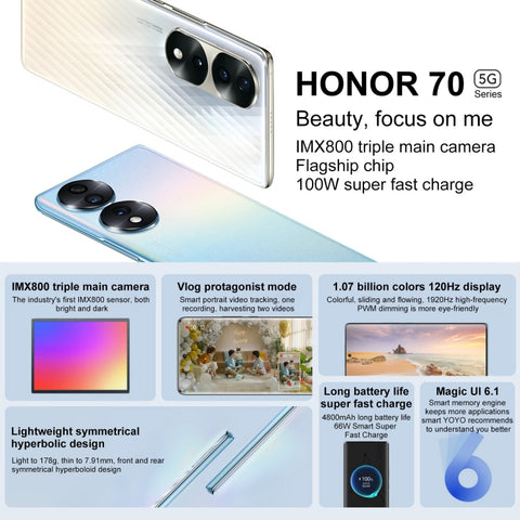 Triple caméra arrière, identification de l'empreinte numérique sur l'écran, Magic UI 6.1 de 6,67 pouces Qualcomm Snapdragon 778G Plus Octa Core jusqu'à 2,5 GHz, Réseau : 5G, OTG, NFC, Non compatible avec Google Play, Honor 70 5G 12 Go+512 Go, 12 Go+512 Go