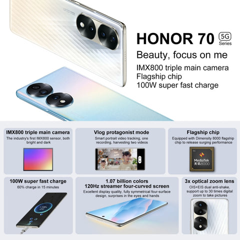 Tripla fotocamera posteriore, identificazione delle impronte digitali sullo schermo, Magic UI 6.1 Dimensity 8000 Octa Core da 6,78 pollici fino a 2,75 GHz, rete: 5G, OTG, NFC, non supporta Google Play, Honor 70 Pro 5G 12GB+256GB, Honor 70 Pro 12GB+256GB