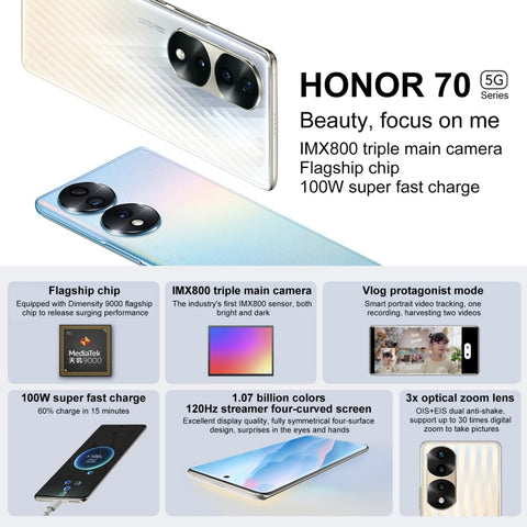 Triple caméra arrière, identification de l'empreinte numérique sur l'écran, Magic UI 6.1 Dimensity 9000 Octa Core de 6,78 pouces jusqu'à 3,05 GHz, réseau : 5G, OTG, NFC, non compatible avec Google Play, Honor 70 Pro+ 5G 8GB+256GB