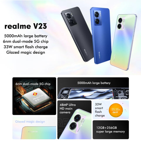 Doppia fotocamera posteriore, identificazione delle impronte digitali laterale, batteria da 5000 mAh, Realme UI 3.0 da 6,58 pollici / Android 12 MediaTek Dimensity 810 Octa Core fino a 2,4 GHz, Rete: 5G, Supporto Google Play, 12GB+256GB