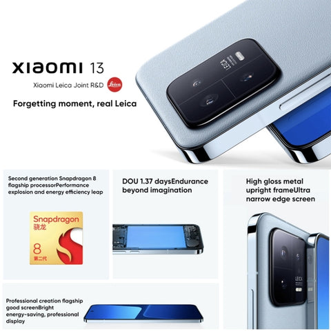Triple caméra arrière, identification de l'empreinte numérique sur un écran de 6,36 pouces MIUI 14 Qualcomm Snapdragon 8 Gen 2 Octa Core jusqu'à 3,2 GHz, connexion : 5G, NFC, fonction standard sans fil, Xiaomi 13 12 Go + 256 Go