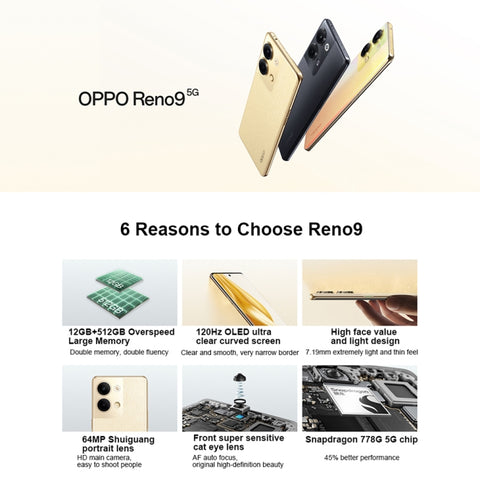 Doppia fotocamera posteriore, ColorOS 13 da 6,7 pollici / Android 13 Qualcomm Snapdragon 778G 5G Octa Core fino a 2,4 Ghz, Rete: 5G, Supporto Google Play, Reno9 12GB+512GB, 12GB+512GB