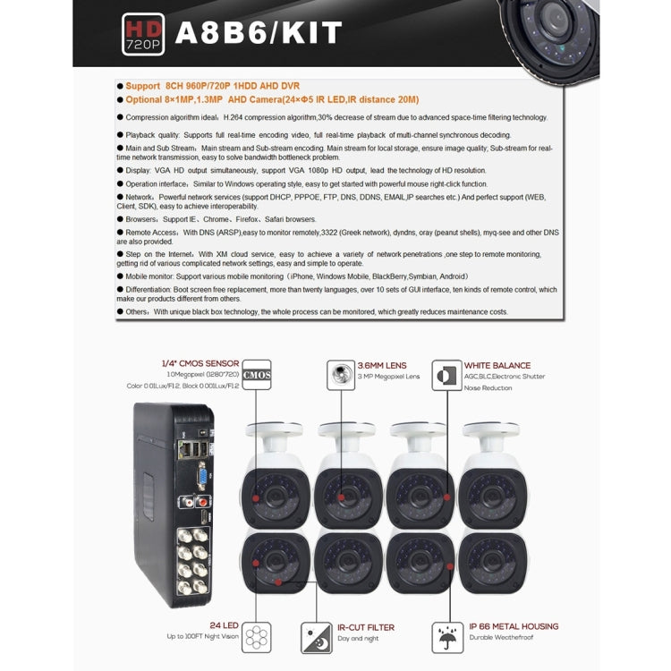 A8B6 8Ch Bullet IP Camera NVR Kit, Support Night Vision / Motion Detection, IR Distance: 15m, A8B6/Kit 720P 1.0MP, A8B6/Kit 960P 1.3MP                  ...