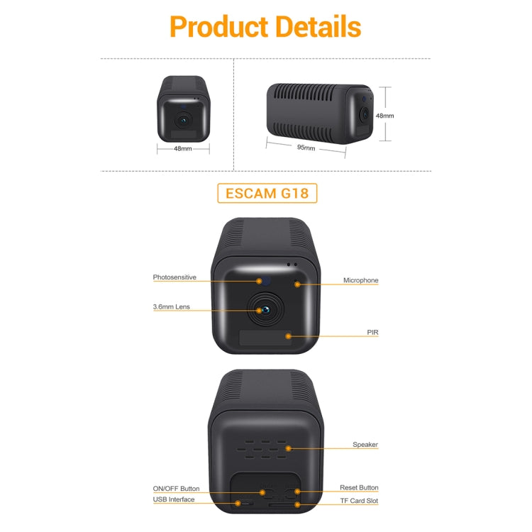 Telecamera IP WiFi ESCAM G18 1080P Full HD con batteria ricaricabile, supporto visione notturna/rilevamento movimento PIR/scheda TF/audio bidirezionale, G18