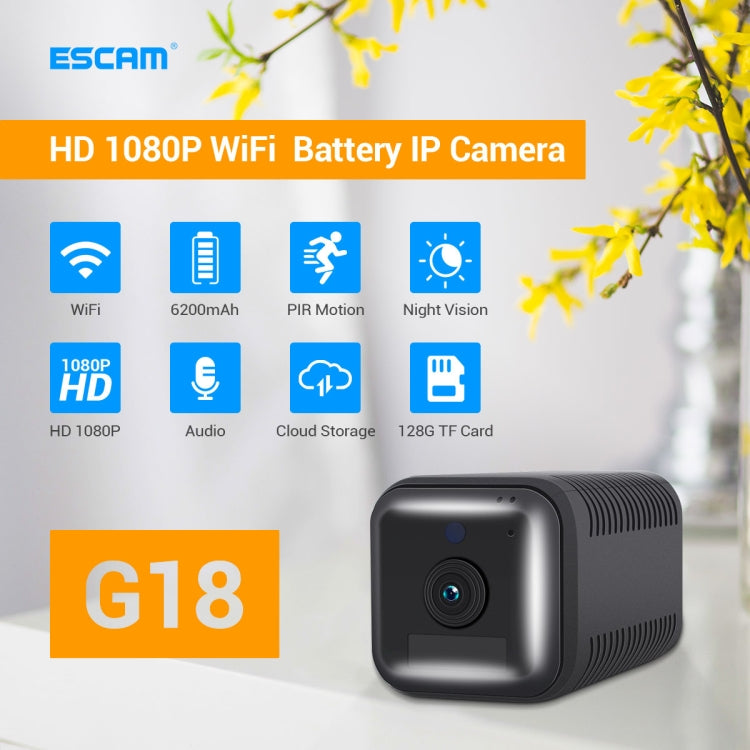 Telecamera IP WiFi ESCAM G18 1080P Full HD con batteria ricaricabile, supporto visione notturna/rilevamento movimento PIR/scheda TF/audio bidirezionale, G18
