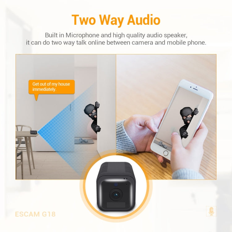 Telecamera IP WiFi ESCAM G18 1080P Full HD con batteria ricaricabile, supporto visione notturna/rilevamento movimento PIR/scheda TF/audio bidirezionale, G18