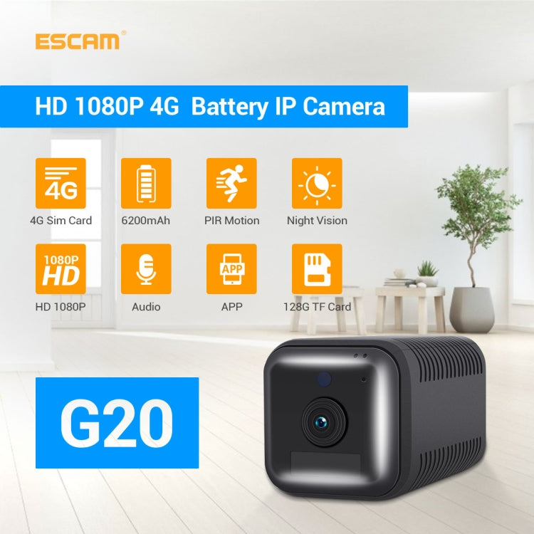 Telecamera IP WiFi ESCAM G20 4G versione EU 1080P Full HD con batteria ricaricabile, supporto visione notturna/rilevamento movimento PIR/scheda TF/audio bidirezionale, G20