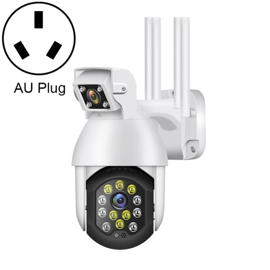 QX41 Telecamera panoramica PTZ WIFI impermeabile 1080P 2.0MP con doppio obiettivo IP66, supporto giorno e notte a colori e citofono vocale bidirezionale, allarme intelligente e riproduzione video e scheda TF da 128 GB, presa AU, QX41