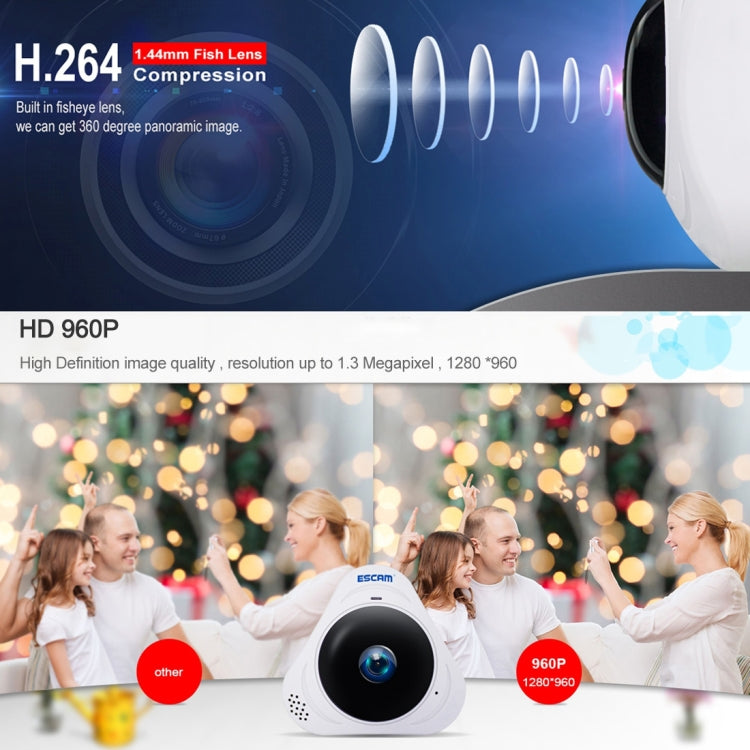 Telecamera IP WiFi ESCAM Q8 960P 360 gradi Fisheye 1.3MP, supporto rilevamento movimento/visione notturna, distanza IR: 5-10 m, spina AU, Q8 US Plug, Q8  AU Plug, Q8 EU Plug, Q8 UK Plug