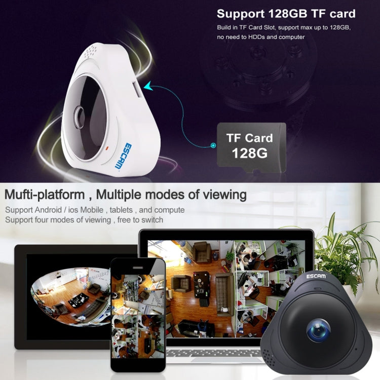 Telecamera IP WiFi ESCAM Q8 960P 360 gradi Fisheye 1.3MP, supporto rilevamento movimento/visione notturna, distanza IR: 5-10 m, spina AU, Q8 US Plug, Q8  AU Plug, Q8 EU Plug, Q8 UK Plug