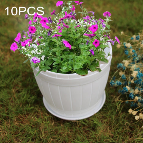Vaso da fiori in resina plastica imitazione botte di legno da 10 pezzi con vassoio, diametro superiore: 16 cm, altezza: 13,5 cm, Top Diameter: 16cm