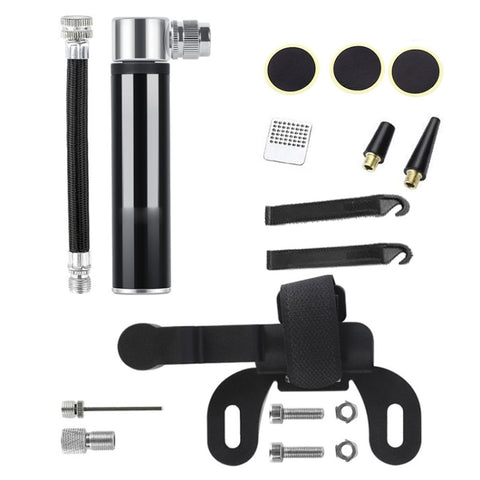 Mini pompa portatile manuale in lega di alluminio per bicicletta + toppa per pneumatici senza colla + leva per pneumatici a forma di pesce, Inflator + Glue-free Tire Patch + Fish-shaped Tire Lever Black