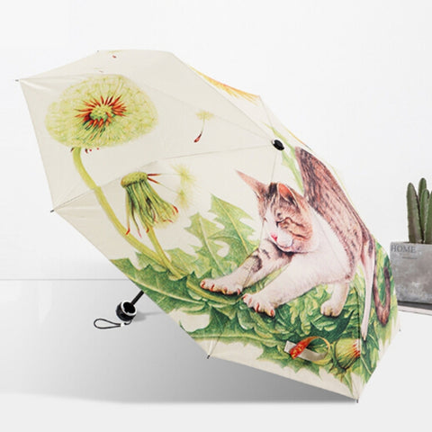 Ombrello parasole anti-ultravioletto con nastro argentato a tre pieghe di moda creativa, Cat Pattern Silver Tape Umbrella