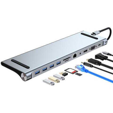 AD-059 11 in 1 da USB-C/Tipo-C a 4K HDMI + VGA + Slot per scheda SD/TF + Gigabit Ethernet + 3,5 mm AUX + USB-C/Tipo-C + 4 HUB Docking Station multifunzione USB 3.0, 11 in 1