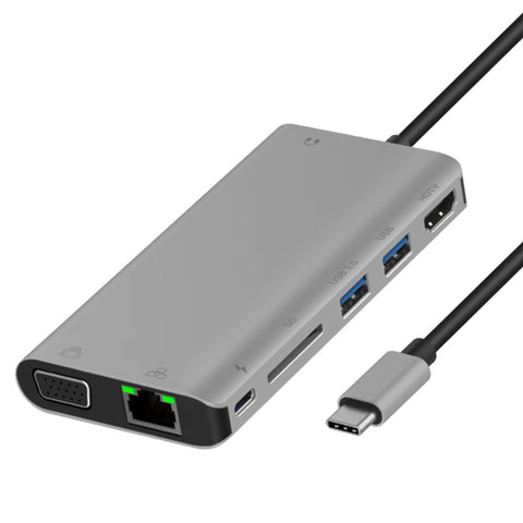 Onten 9591BD 8 in 1 USB-C / Type-C a PD USB-C / Type-C Ricarica + Gigabit Ethernet + Doppia USB 3.0 + HDMI + VGA + Slot per scheda SD + HUB AUX da 3,5 mm, 9591BD Black, 9591BD Grey, 9591BD Silver