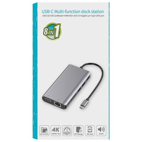 Onten 9591BD 8 in 1 USB-C / Type-C a PD USB-C / Type-C Ricarica + Gigabit Ethernet + Doppia USB 3.0 + HDMI + VGA + Slot per scheda SD + HUB AUX da 3,5 mm, 9591BD Black, 9591BD Grey, 9591BD Silver