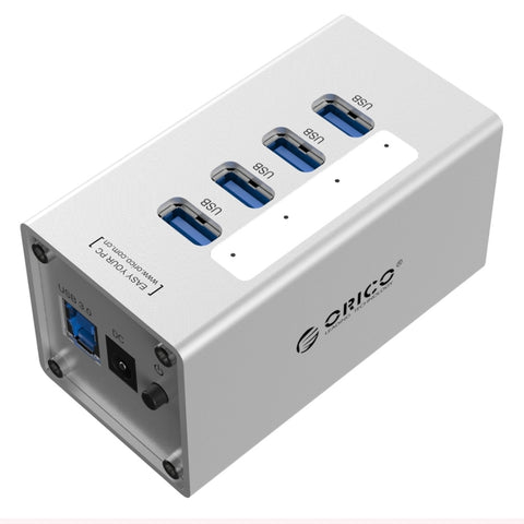 ORICO A3H4 HUB USB 3.0 a 4 porte ad alta velocità in alluminio con alimentatore 12V/2,5A per laptop, 4 Ports (Silver)