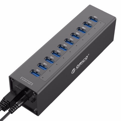 ORICO A3H10 HUB USB 3.0 a 10 porte ad alta velocità in alluminio con alimentatore per laptop, 10 Ports (Silver), 10 Ports (Black)