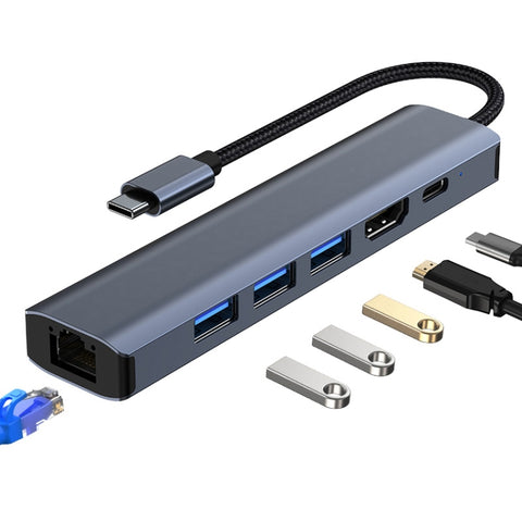 BYL-2210 Adaptateur HUB station d'accueil multifonction de USB-C/Type-C à USB 6 en 1 avec port de réseau 1000M, BYL-2210