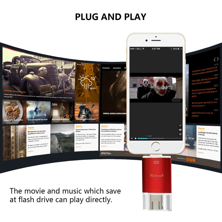 Richwell 3 in 1 64G Type-C + 8 Pin + USB 3.0 Disco flash push-pull con doppia copertura in metallo con funzione OTG