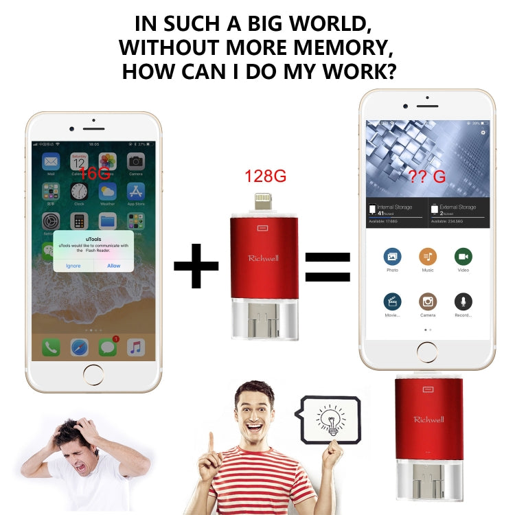 Richwell 3 in 1 64G Type-C + 8 Pin + USB 3.0 Disco flash push-pull con doppia copertura in metallo con funzione OTG