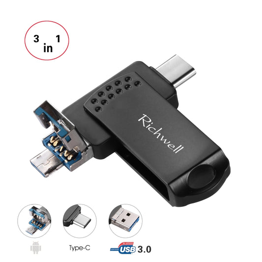 Richwell Disco Flash in Metallo 3 in 1 16G Type-C + Micro USB + USB 3.0 con Funzione OTG
