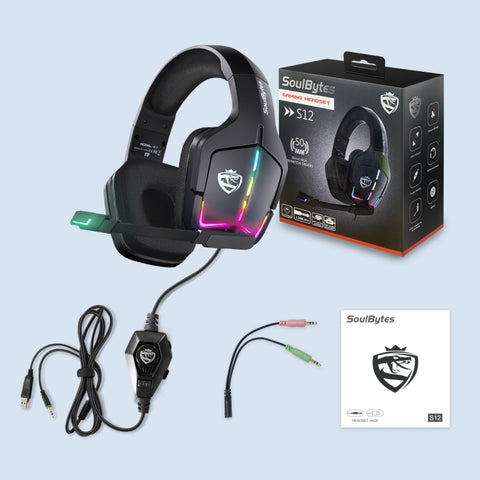Soulbytes S12 USB + 3,5 mm Cuffie da gioco con luce RGB regolabile a 4 pin con microfono, S12