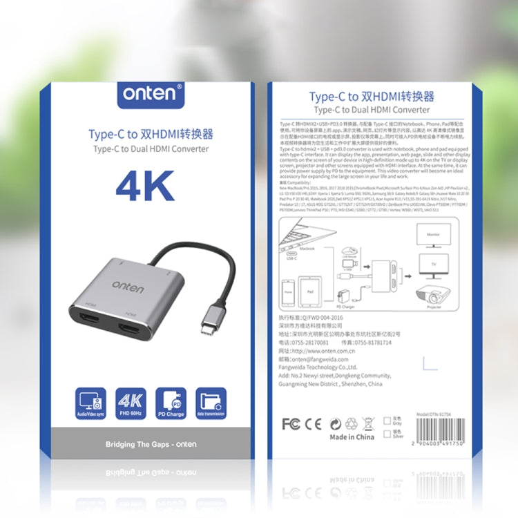Onten 9175K Hub USB-C 4 in 1 con doppio HDMI, USB 3.0 e ricarica PD