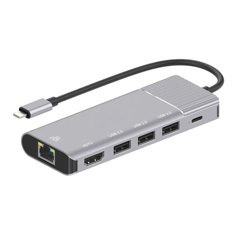 79591 6 en 1 8 broches à RJ45 + HDMI + Ricarica 8 broches + 3 portes USB 2.0 Station d'accueil convertisseur HUB multifonction, 79591