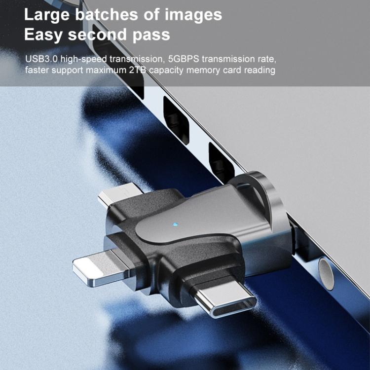 4-in-1 USB Card Reader: 8 Pin, USB-C, Micro USB, USB 3.0